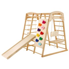 Indoor Jungle Gym, 7-in-1 Toddler Indoor Playground, 47.2 x 58 x 56 inch, with Wood and Rope Ladder, Net Ladder, Swing, Monkey Bar, Slide
