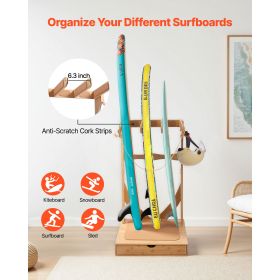Vertical Surfboard Stand, 3 Tiers Wooden Surfboard Rack for Storage and Display, Freestanding Board Stand Organizer with Hanging Hooks & Cork Pad