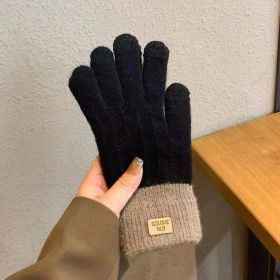 Winter Mittens Brown Striped Embroidered Warm Cycling Spot Universal Cartoon Gloves Ins (Option: BLACK)