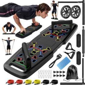 PUsh Up Board,Home Gym,Portable Exercise Equipment,Pilates Bar And 20 Fitness Accessories With Resistance Bands And Ab Roller Wheel,Full Body Wor (Option: BLACK)